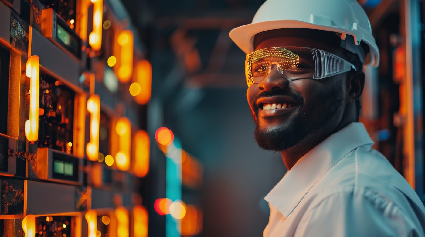 Ambiente industrial com engenheiro em campo